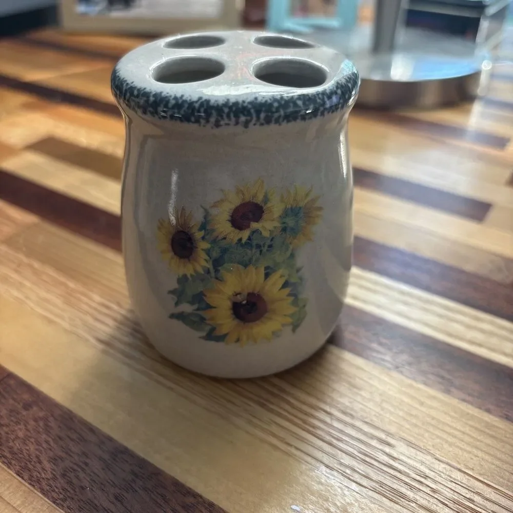 Vintage Ceramic toothbrush Utensil Pen Holder Sunflower & Bee Pattern